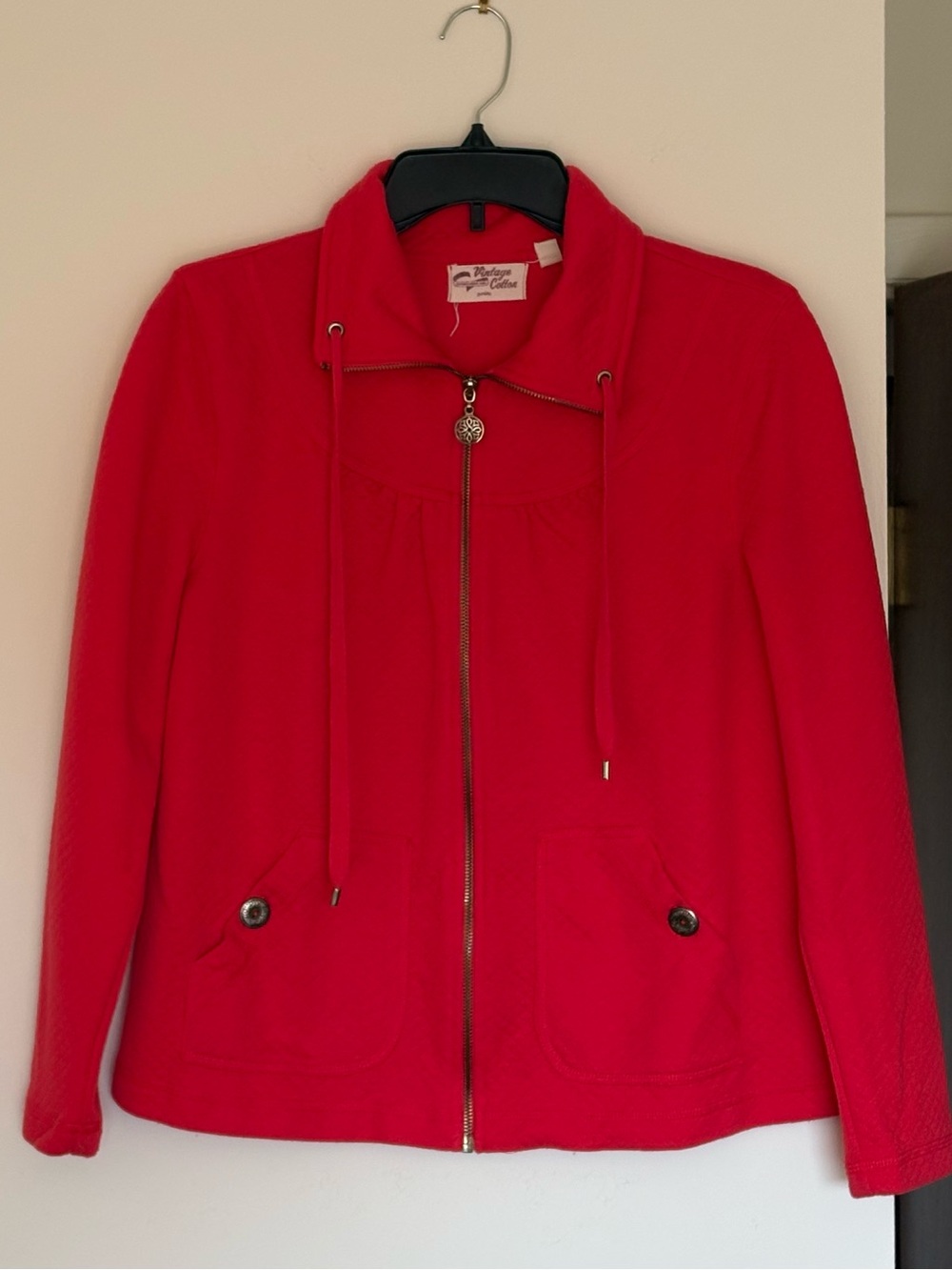 Vintage Cotton Red Zip Up Jacket Mock Neck Knit Drawstring Pockets Large